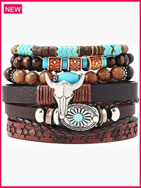 Stretch Turquoise Beaded Bracelet with Cow Head Charm, Stackable Western Style